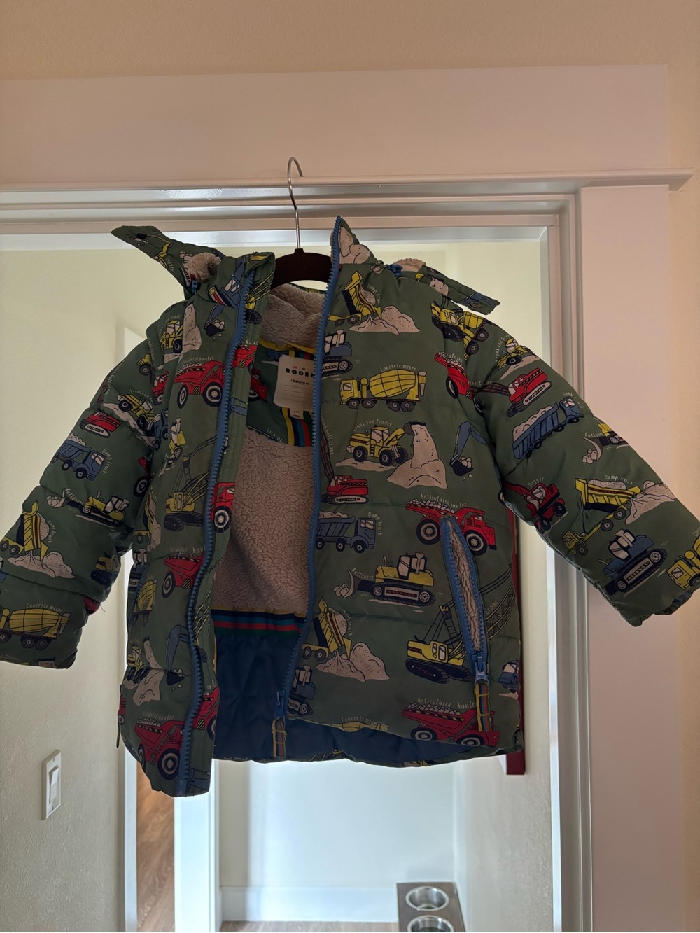 Mini Boden Green Puffer Jacket with Vehicle Print